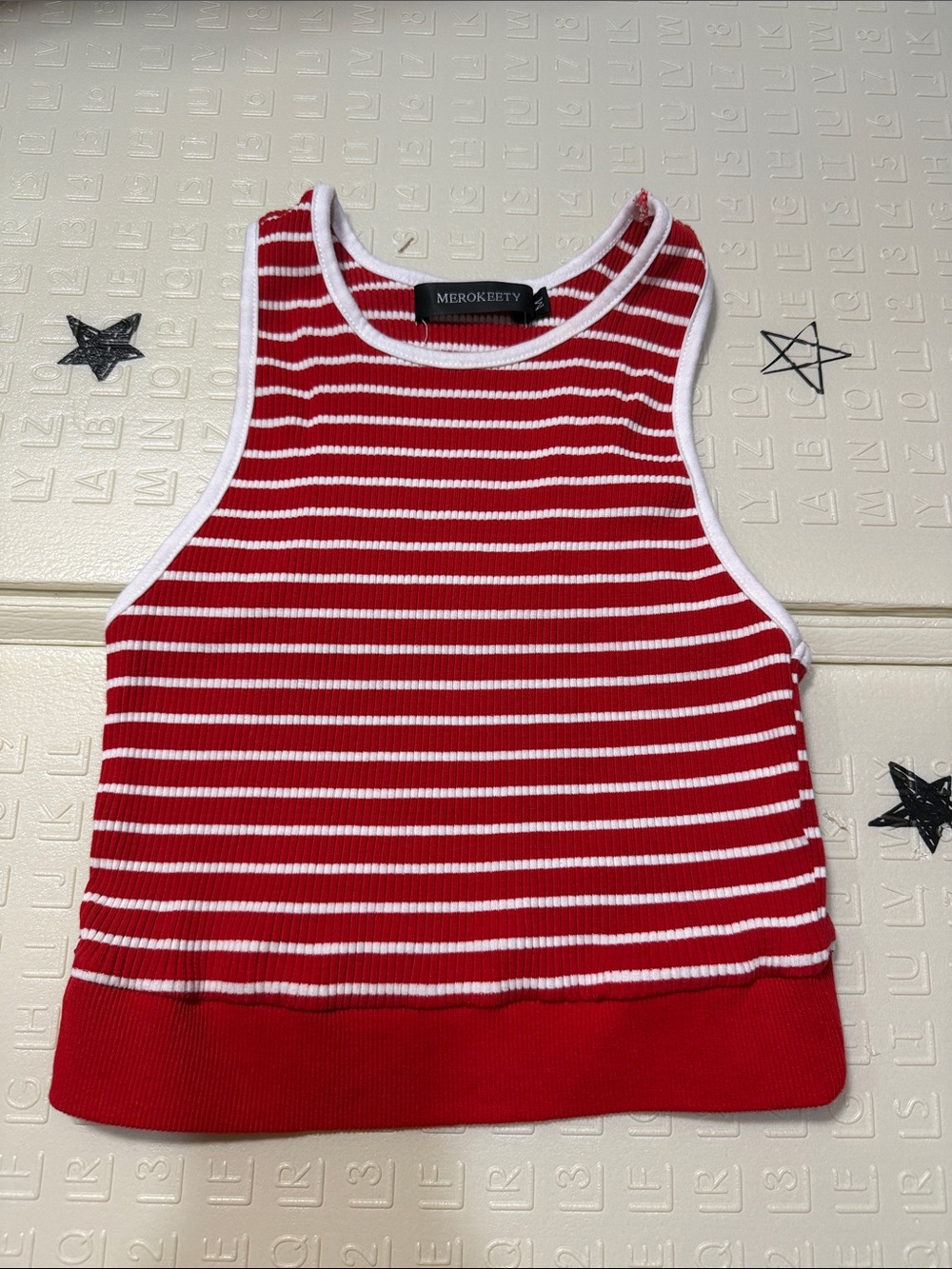 Merokeety Red & White Striped Ribbed Tank Top